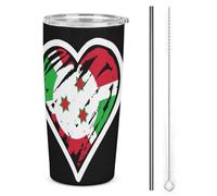 Vaso de acero inoxidable de 20 oz con aislamiento de corazón y bandera de Burundi, de doble pared al vacío, para viaje en coche con tapa con pajita, ideal para hombres y mujeres, regalos de café.