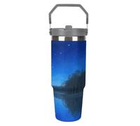 Vaso de acero inoxidable de 30 onzas con asa y tapa con pajilla, aislado al vacío para 12 horas de calor y frío, diseño cónico, se adapta a portavasos de coche, Lake Under The Starry Skyprinting, taza