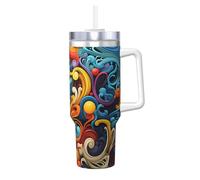Vaso de agua de rayas multicolor de 40 onzas con asa para fitness al aire libre y desplazamientos para la mayoría de portavasos de coche