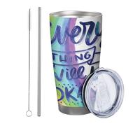Vaso de arcoíris con tapa y pajita, diseño artístico moderno de palabras, pintura, bonita estética, colorido, metal inoxidable, caliente y frío, reutilizable, oficina, al aire libre, club, dormitorio