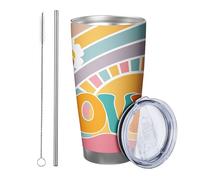 Vaso de arcoíris con tapa y popote estético, bohemio, abstracto, diseño de letras de amor, floral, amarillo, rosa, acero inoxidable, caliente y frío, reutilizable, oficina, al aire libre, club