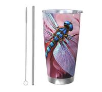 Vaso de café aislado de 20 onzas con tapa y pajilla, flor y libélula azul, vaso de doble pared aislada al vacío, a prueba de derrames, taza de café de viaje, regalos para hombres y mujeres, cumpleaños