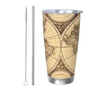 Vaso de café aislado de 20 onzas con tapa y pajita, vaso vintage con mapa del mundo antiguo, vaso de doble pared aislada al vacío, a prueba de derrames, taza de café de viaje, regalos para hombres y