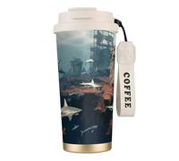 Vaso de café aislado personalizado único - Taza de viaje de acero inoxidable de 17 onzas, perfecta para bebidas calientes y frías, islas misteriosas y tiburones, blanco