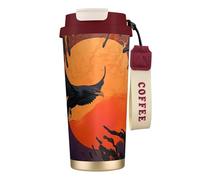 Vaso de café aislado personalizado único - Taza de viaje de acero inoxidable de 17 onzas, perfecta para bebidas calientes y frías, primer plano de cuervo, volando sobre la puesta de sol, rojo