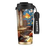 Vaso de café aislado personalizado único - Taza de viaje de acero inoxidable de 17 onzas, perfecta para bebidas calientes y frías, estilo cuento de hadas, escuela, color negro