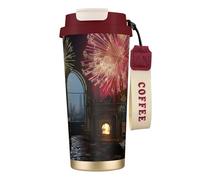 Vaso de café aislado personalizado único - Taza de viaje de acero inoxidable de 17 onzas, perfecta para bebidas calientes y frías, fuegos artificiales en el cielo, rojo