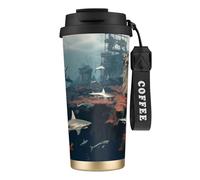 Vaso de café aislado personalizado único - Taza de viaje de acero inoxidable de 17 onzas, perfecta para bebidas calientes y frías, islas misteriosas y tiburones, negro
