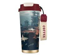 Vaso de café aislado personalizado único - Taza de viaje de acero inoxidable de 17 onzas, perfecta para bebidas calientes y frías, islas misteriosas y tiburones rojos