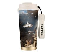 Vaso de café aislado personalizado único - Taza de viaje de acero inoxidable de 17 onzas, perfecta para bebidas calientes y frías, pescado en el cielo, blanco