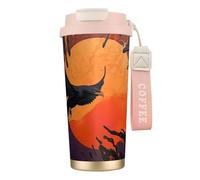 Vaso de café aislado personalizado único - Taza de viaje de acero inoxidable de 17 onzas, perfecta para bebidas calientes y frías, primer plano de cuervo, volando sobre la puesta de sol, rosa