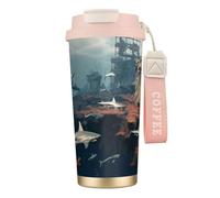 Vaso de café aislado personalizado único - Taza de viaje de acero inoxidable de 17 onzas, perfecta para bebidas calientes y frías, islas misteriosas y tiburones rosa