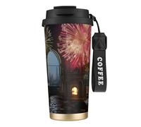 Vaso de café aislado personalizado único - Taza de viaje de acero inoxidable de 17 onzas, perfecta para bebidas calientes y frías, fuegos artificiales en el cielo, negro