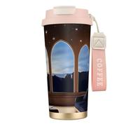 Vaso de café aislado personalizado único, taza de viaje de acero inoxidable de 17 onzas, perfecto para bebidas calientes y frías, paisajes de ensueño fuera de la ventana, rosa