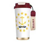 Vaso de café de acero inoxidable con estampado de la bandera del estado de Rhode Island, tapa de doble uso con popote, elegante taza de viaje para oficina en casa