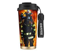 Vaso de café de acero inoxidable con estampado de llama bombero, tapa de doble uso con pajita, elegante taza de viaje para oficina en casa