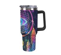 Vaso de café de gran capacidad de 40 onzas con asa y popote, taza de viaje de acero inoxidable aislado, colorido atrapasueños con ojo