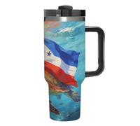 Vaso de café de viaje de acero inoxidable con diseño de tortuga marina y bandera nacional, taza de café con tapa y popote, taza con asa, gran capacidad, doble pared al vacío a prueba de fugas, taza