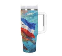 Vaso de café de viaje de acero inoxidable con diseño de tortuga marina y bandera nacional, taza de café con tapa y popote, taza con asa, gran capacidad, doble pared al vacío a prueba de fugas, taza