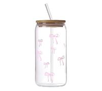 Vaso de cristal con lid & Straw - 500 ml Cute Bow Bottle, Reusable Coffee Cup Water Mug For Iced Coffee, Tea, Matcha, Cóctel, Drinking Water, Teen Girls, Home & Bar