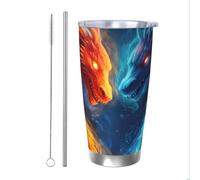 Vaso de dragón de fuego abstracto con popote y tapa, soporte térmico para coche, galaxia, largo, 20 onzas, vaso aislado de acero inoxidable, taza de café de viaje para bebidas frías y calientes