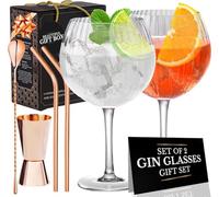Vaso de Gin Tonic ondulado | Juego de 2 Vasos de Ginebra Tónica Ondulados Hechos a Mano | Cuchara de Cóctel de Oro Rosa, Medida de Alcohol, 2 Pajitas de Metal y un Vertedor de Alcohol. Copas Gin Tonic