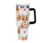 Vaso de hielo portátil para viaje, moderno vaso para coche, termo de acero inoxidable con pajita para el hogar y la oficina, con diseño de cachorro galés Corgi y corazón, perro gracioso y adorable.