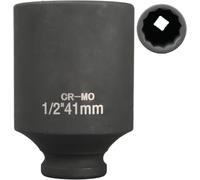 Vaso de impacto largo 41 mm de 12 caras para carraca o pistola de impacto 1/2", Fabricado en acero cromo-molibdeno (Cr-Mo), Longitud 80 mm.