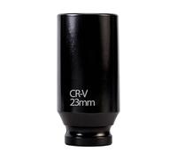 Vaso de impacto profundo de 1/2 pulgada, 23 mm, 6 puntas, métrico, acero CR-V, fosfatado en negro, resistente a la corrosión, para herramientas manuales y de impacto de uso ligero a medio.