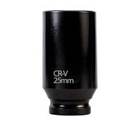 Vaso de impacto profundo de 1/2 pulgada, 25 mm, 6 puntas, métrico, acero CR-V, fosfatado en negro, resistente a la corrosión, para herramientas manuales y de impacto de uso ligero a medio.