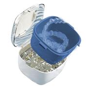 Vaso de limpieza de prótesis, 9,5 x 9,5 x 6,9 cm, tapa segura, caja de almacenamiento de prótesis multifuncional con función de drenaje, soporte para prótesis a prueba de fugas, soporte para baño