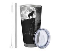 Vaso de lobo con tapa y pajita, luna, naturaleza, montaña, río, lobo, aullido, cielo nocturno, árbol, nube, blanco, negro, metal inoxidable, caliente y frío, sin derrames, oficina, club al aire libre