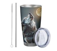 Vaso de lobo, paquete de 1 unidad, cielo nocturno, bosque, luna, árbol, naturaleza, paisaje, lobo, aullido, naranja, gris, metal, inoxidable, enfriador de latas, inastillable, piscina, al aire libre