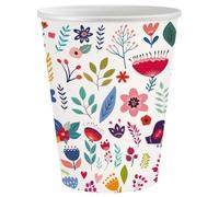 Vaso de papel con diseño de flores y pajaritos, blanco - 250 ml, 6 piezas