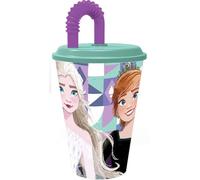 Vaso de plástico azul y morado de Disney Elsa and Anna Frozen para niñas, 430 ml con pajita y tapa flexible