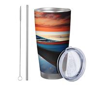 Vaso de salida del sol con tapa, barco, mar, nube, naturaleza, océano, cielo, sol, playa, costas, paisaje, azul, gris, naranja, aislado, metal, no se derrama, escuela, universidad, guardería, sin