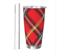 Vaso de tartán rojo con popote y tapa, soporte térmico para coche, rejilla vintage, vaso aislado de acero inoxidable, taza de café de viaje para bebidas frías y calientes
