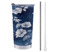 Vaso de viaje de 20 onzas, botella de agua japonesa de flores y hojas blancas, taza de café aislada al vacío de acero inoxidable con tapa de popote y cepillo de limpieza