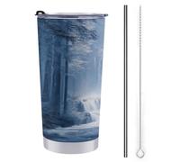 Vaso de viaje de 590 ml, botella de agua azul cascada en el bosque, taza de café aislada al vacío de acero inoxidable con tapa de popote y cepillo de limpieza