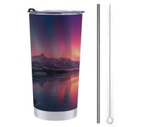 Vaso de viaje de 590 ml, botella de agua con diseño de cielo nocturno sobre montañas nevadas, taza de café aislada al vacío de acero inoxidable con tapa de popote y cepillo de limpieza