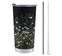Vaso de viaje de 590 ml, botella de agua con diseño de fantasma en un campo de flores silvestres blancas, taza de café aislada al vacío de acero inoxidable con tapa de popote y cepillo de limpieza
