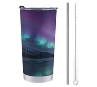 Vaso de viaje de 590 ml, botella de agua con paisaje cubierto de nieve y luces del norte, taza de café aislada al vacío de acero inoxidable con tapa de popote y cepillo de limpieza