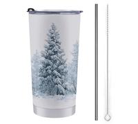 Vaso de viaje de 590 ml, botella de agua de pinos nevados, taza de café aislada al vacío de acero inoxidable con tapa de popote y cepillo de limpieza