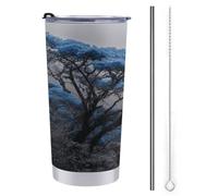 Vaso de viaje de 590 ml, diseño de árboles antiguos con hojas azules, botella de agua, acero inoxidable, aislada al vacío, taza de café con tapa de popote y cepillo de limpieza