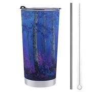 Vaso de viaje de 590 ml, diseño de bosque azul con árboles de abedul, botella de agua de acero inoxidable, aislada al vacío, taza de café con tapa de popote y cepillo de limpieza