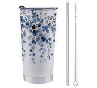 Vaso de viaje de 590 ml, diseño de hojas azules pequeñas, hojas grises, botella de agua, acero inoxidable, aislada al vacío, taza de café con tapa de popote y cepillo de limpieza
