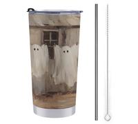Vaso de viaje de 590 ml, diseño vintage de cuatro fantasmas para colgar en la ropa, botella de agua de acero inoxidable, aislada al vacío, taza de café con tapa de popote y cepillo de limpieza