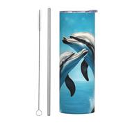 Vaso de viaje de acero inoxidable de 590 ml para café y bebidas heladas, taza refrescante de verano, impresión de delfines enamorados