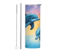 Vaso de viaje de acero inoxidable de 590 ml para café y bebidas heladas, taza refrescante de verano, impresión de delfines enamorados