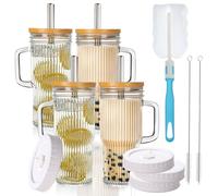 Vaso de vidrio acanalado de 24 onzas con asa, paquete de 4 tazas de vidrio con tapas y popotes, tazas de café helado de vidrio reutilizables con tapas, tarro Mason y vasos para beber batidos, batidos